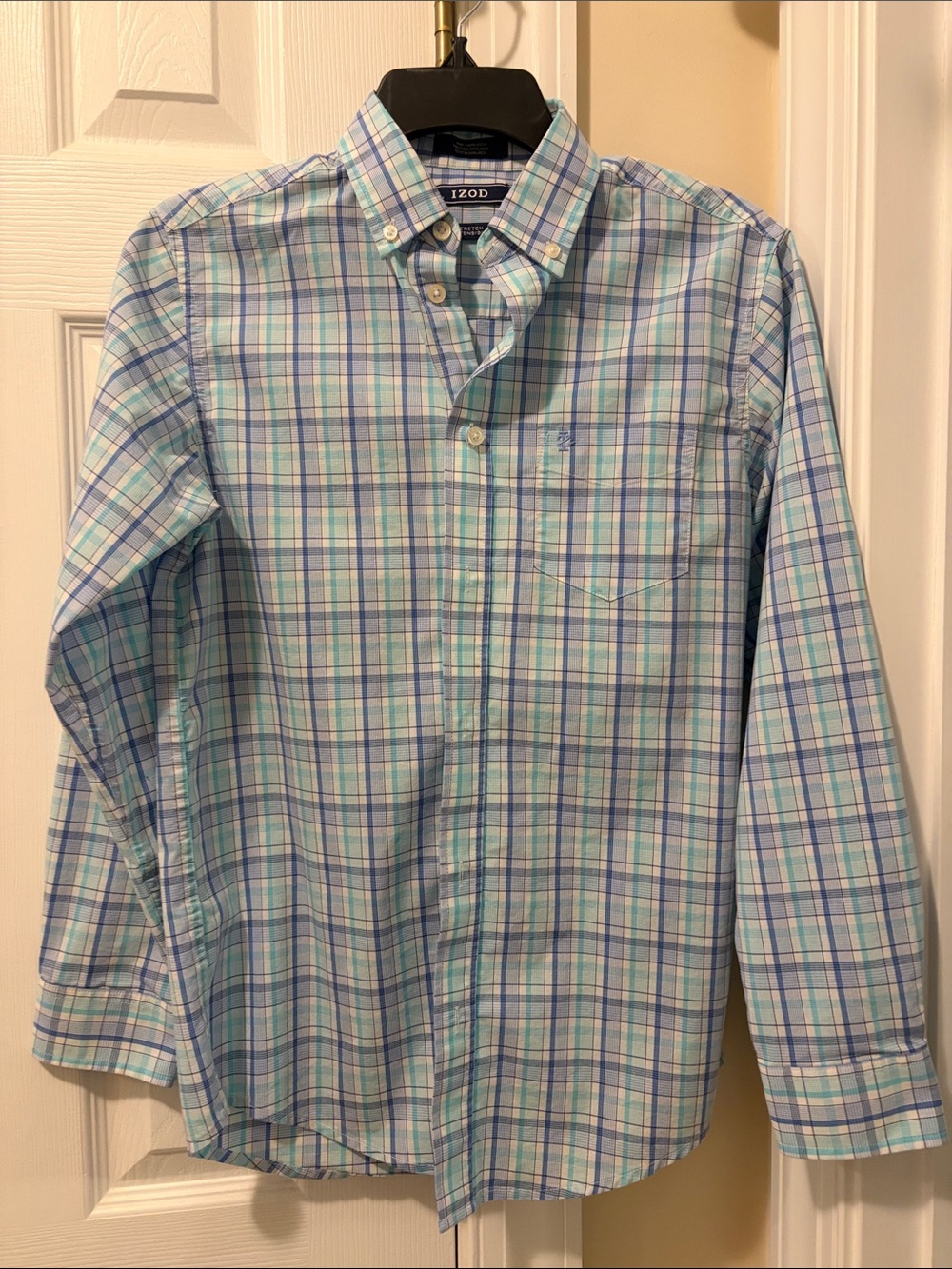 Izod Boy’s Blue and Green Plaid Button-Down Shirt size L 14-16